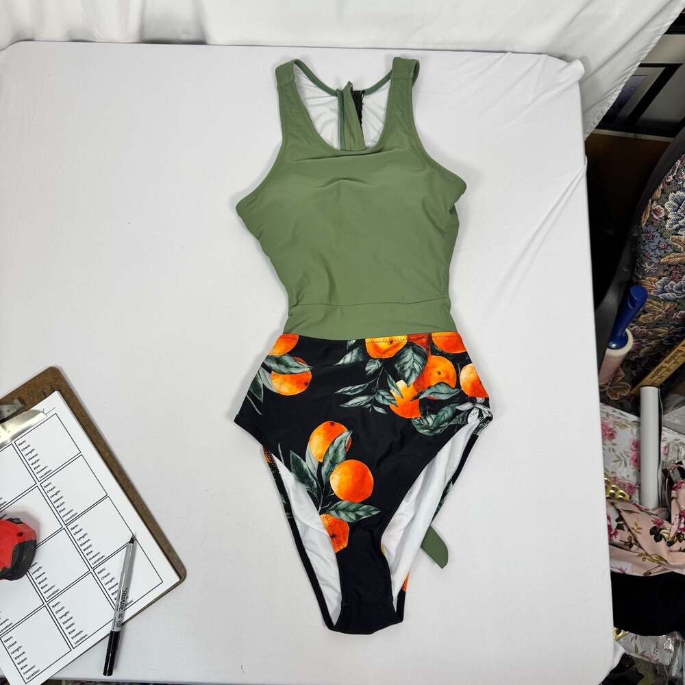 Cupshe Green & Orange Citrus Print Cutout Tie Back One Piece Swimsuit Size M - Picture 1 of 9